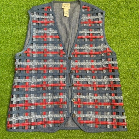 Vtg Koret City Women Woven Patchwork Plaid Gingham Lattice‎ Style Denim Vest - Picture 1 of 5